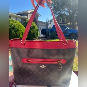 Coach Brown Signature Tote with Red Trim